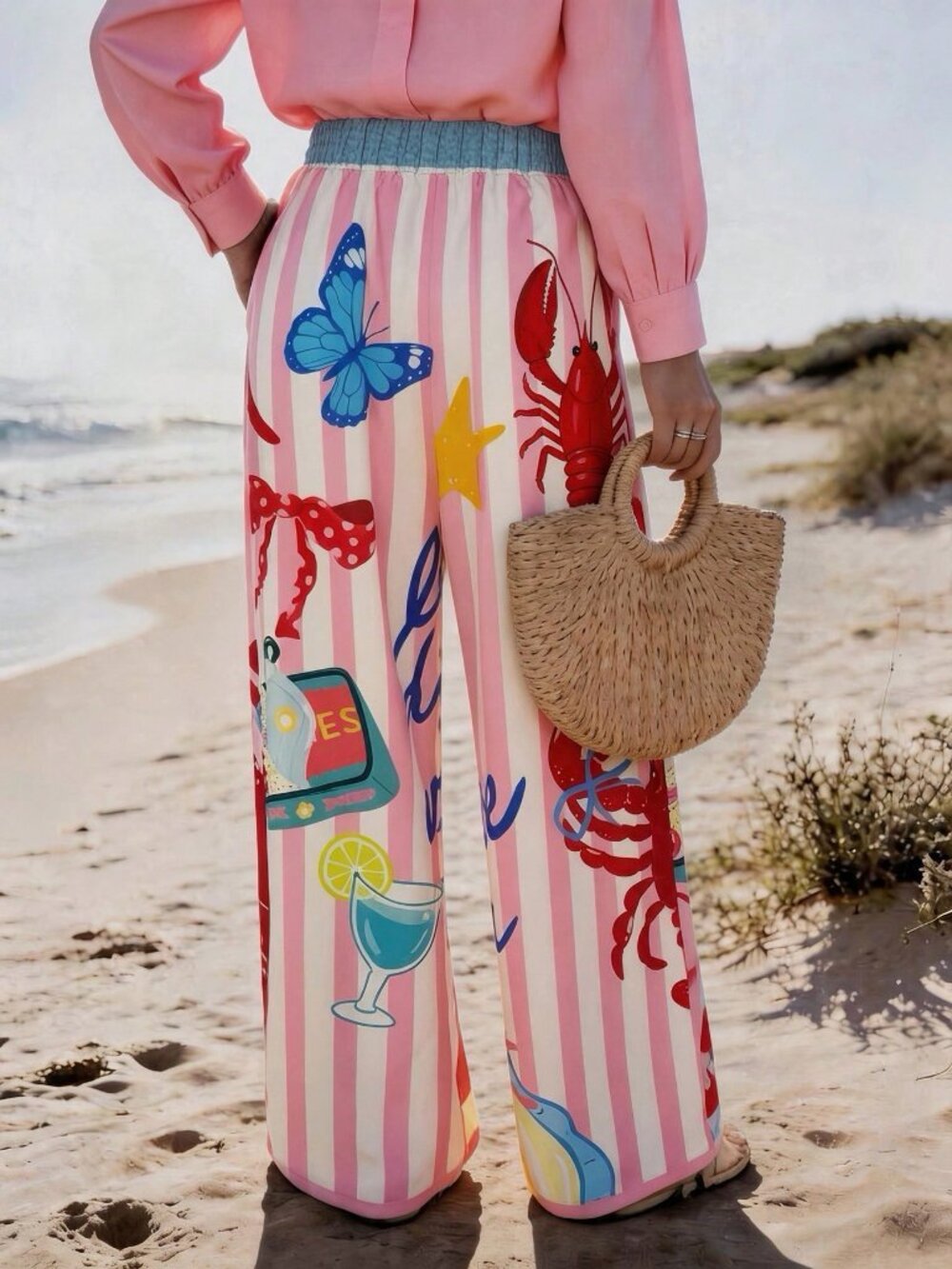 Pink Boho Women's Casual Vacation Style Striped Lobster Print Loose Pants - Picture 2 of 5